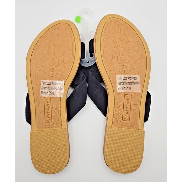 Women’s Sz Medium 7/8 Fabric Bow Open Toe Slides Flats Vegan Insoles Solid Black - Picture 2 of 2